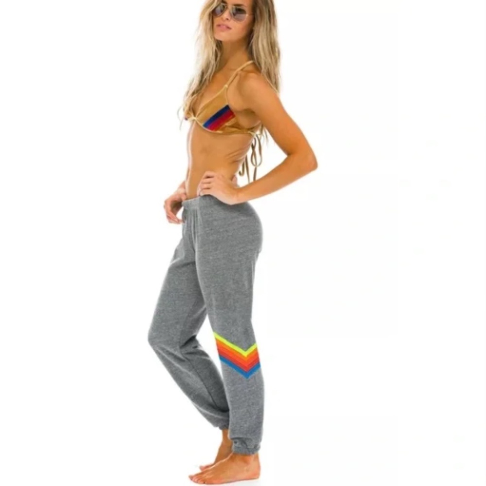 Aviator Nation Gray Track Pants with Rainbow Stripes - Picture 2 of 7